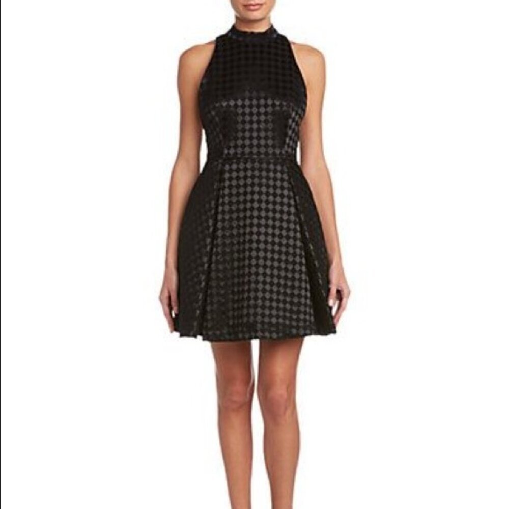 Alice & Olivia Needman Black Checkered Mock Neck A-Line Dress  Size 0